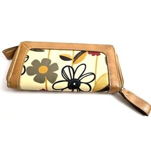 Vintage Boho Large Floral Print Zip Around Wallet with Leather Trimming